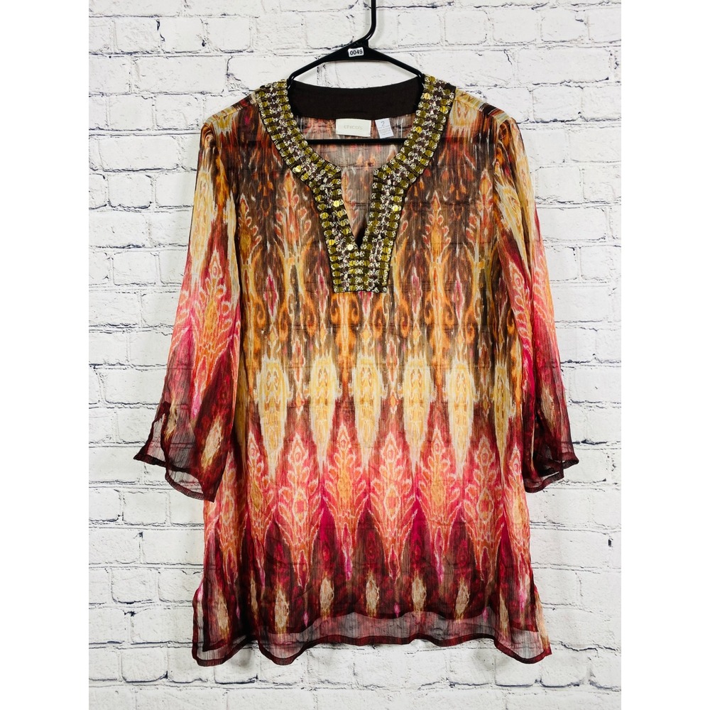 Chico's Tunic Women's Boho Sequin Neck Ikat Print Brown Orange 2 L 3/4 Sleeve